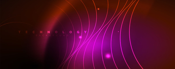 Fototapeta premium Bright neon circles and wave lines, glowing shiny background design template, digital techno concept.
