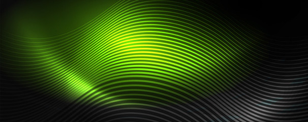 Fototapeta premium Dark abstract background with bright color neon lights and lines. Glowing background