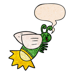 cartoon glow bug and speech bubble in retro texture style