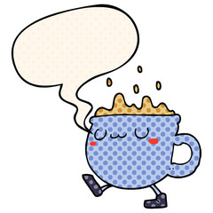 cartoon coffee cup walking and speech bubble in comic book style