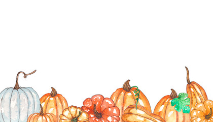 Watercolor autumn template with pumpkins, yellow leaves, berries.