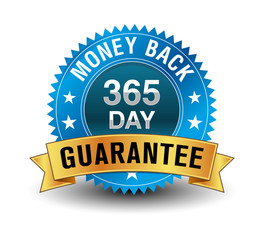 Blue powerful 365 day money back guarantee badge with golden ribbon.
