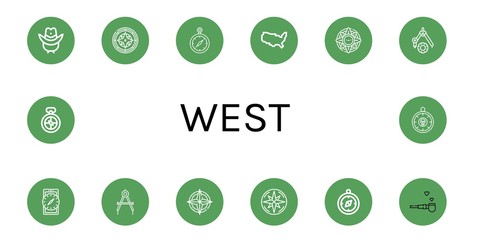 Set of west icons such as Cowboy hat, Compass, United states of america, Windrose, Pipe of peace , west