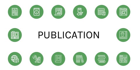 Set of publication icons such as Newspaper, Book, Booking, News, Encyclopedia, Books, Article, Catalog , publication