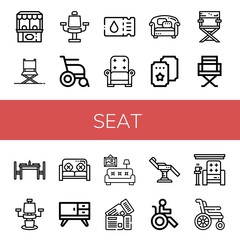 Set of seat icons such as Ticket office, Director chair, Chair, Wheelchair, Ticket, Armchair, Sofa, Dinning table, Furniture, Living room, Tickets, Disabled , seat