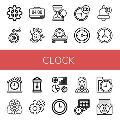 Set of clock icons such as Gear, Pocket watch, Alarm clock, Sleeping, Sand clock, Table Time, Circular Bell, Wall Management, Manager, Schedule ,