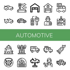 Set of automotive icons such as Racing car, Convertible, Auto, Car, Garage, Car key, Gas station attendant, Lever, Mechanic, Brake, Engine, Tyre, Jeep, Off road , automotive