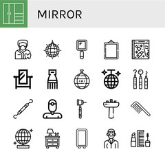 Set of mirror icons such as Closet, Dentist, Mirror ball, Hand mirror, Beauty, Comb, Disco ball, Dentist tools, Dental drill, Washbasin, Nightstand, Makeup ,