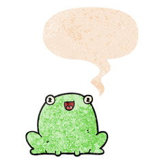 cartoon frog and speech bubble in retro textured style