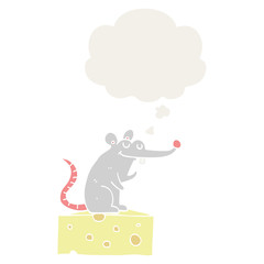 cartoon mouse sitting on cheese and thought bubble in retro style