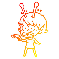 warm gradient line drawing cartoon shocked alien girl