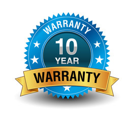 Blue powerful 10 year warranty badge with golden ribbon.