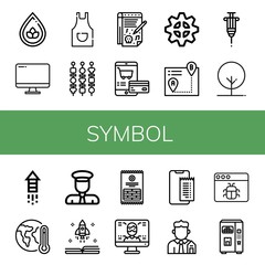 Set of symbol icons such as Drop, Computer, Apron, Shish kebab, Notepad, Shopping cart, Gear, Itinerary, Vaccine, Tree, Fireworks, Global warming, Captain, Book, Sticks , symbol