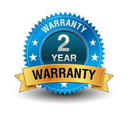 Blue powerful 2 year warranty badge with golden ribbon.
