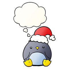 cute cartoon penguin wearing christmas hat and thought bubble in smooth gradient style