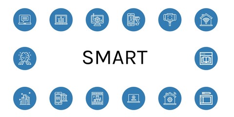 Set of smart icons such as Laptop, Home control, Mobile payment, Selfie stick, Domotics, City, Payment method, Photo, Home automation, Drawing tablet, AI, Ebook , smart