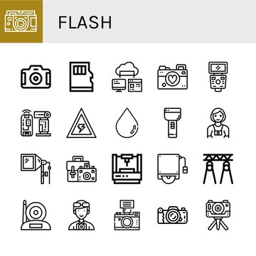 Set of flash icons such as Camera, Micro sd, Computer storage, Photographer, Flash, Voltage, Blur, Flashlight, Camera bag, Laser, Hard disk, Spotlight , flash