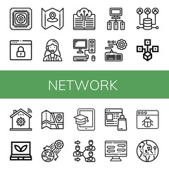 Set of network icons such as Cpu, Browser, Map, Customer service agent, Digital, Computer, Server, Keyboard, Distributed, Home automation, Smart greenhouse, World, Tablet , network