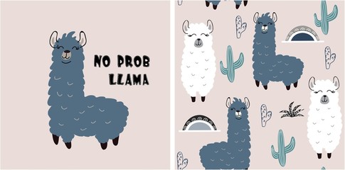 set of cute llama print and seamless pattern with llamas. vector © neapol