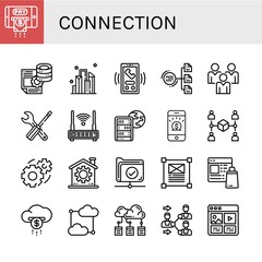 Fototapeta premium Set of connection icons such as Smartphone, Server, City, Call, Diagram, Social media, Settings, Router, Global server, Connection, Gear, Network, Website, Cloud , connection