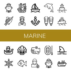 Set of marine icons such as Sailor, Marlin, Pirate ship, Boat, Anchor, Dolphin, Fins, Sea, Yatch, Battleship, Helm, Shell, Fish, Whale, Pirate, Shark, Cargo ship , marine