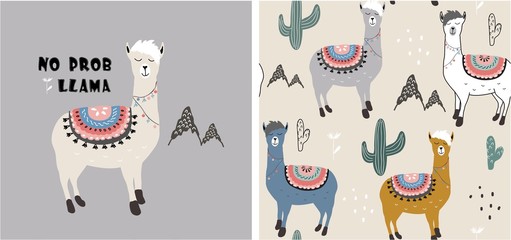 set of cute llama print and seamless pattern with llamas. vector © neapol