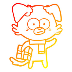 warm gradient line drawing nervous dog cartoon with gift