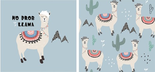 set of cute llama print and seamless pattern with llamas. vector © neapol