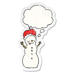 cartoon christmas snowman and thought bubble as a distressed worn sticker