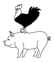 farm, animals and farmer cartoon in black and white