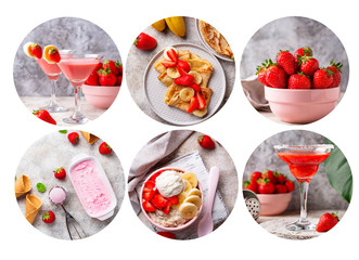 Food collage. Different dishes with strawberry.
