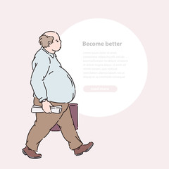 Bald man with newspaper and suitcase coming vector line art sketch illustration banner and round area for text.