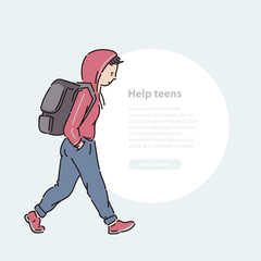 Young teen boy with backpack vector line art flat sketch illustration banner and round area for text.
