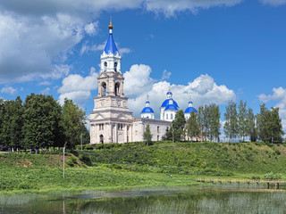 Kashin, Russia. View of Resurrection Cathedral from the shore of Kashinka river. The present cathedral was built in 1796-1804. The bell tower with height of 79 meters was built in 1855-1867.