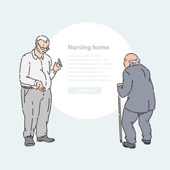 Older men talking vector line art sketch illustration banner and round area for text.