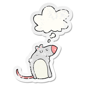 cartoon fat rat and thought bubble as a distressed worn sticker