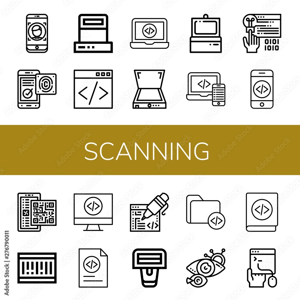 Poster set of scanning icons such as face id, fingerprint identification, scanner, coding, code, qr code, b