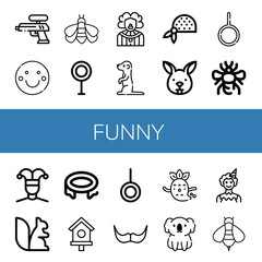 Set of funny icons such as Water gun, Smile, Bumblebee, Transvestite, Clown, Meerkat, Bandana, Bunny, Neutral, Buffoon, Squirrel, Trampoline, Bird house, Moustache, Ghost , funny