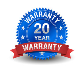 Reliable powerful 20 year warranty badge with red ribbon. 