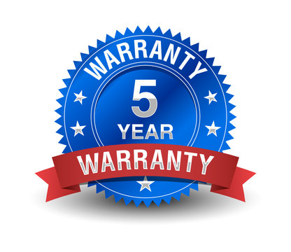Reliable powerful 5 year warranty badge with red ribbon. 