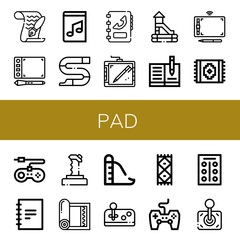Set of pad icons such as Paper, Graphic tablet, Music book, Slide, Phone book, Notebook, Carpet, Game console, Joystick, Yoga mat, Game controller, Tablets , pad