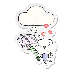 cute cartoon cloud head creature and thought bubble as a distressed worn sticker