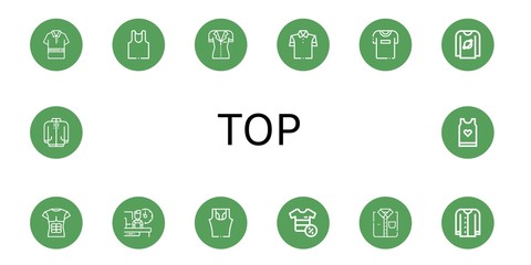 Set of top icons such as Polo shirt, Undershirt, Shirt, Tshirt, T shirt, Shift, Sleeveless Cardigan, Long sleeve, Tank top , top