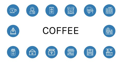 Set of coffee icons such as Coffee cup, Lunchroom, Nuts, Fireplace, Office, Hotel, French fries, Dog food, Bar, Cafe, Cupping , coffee