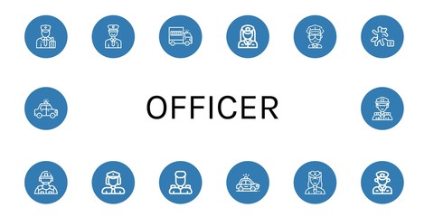 Set of officer icons such as Customs, Policeman, Prisoner transport vehicle, Policewoman, Cop, Crime scene, Riot police, Military, Police car, Hostess, Police , officer