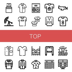 Set of top icons such as Tanktop, Pendulum ride, Shirt, Tshirt, Donut, Shirts, T shirt, Long sleeve, Small plane, Top, Sweatshirt, Scoreboard, Peak , top