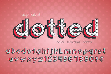 Font dotted design, alphabet, letters and numbers. Swatch color control 