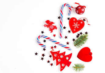 Red christmas decoration on whitebackground. Flat lay