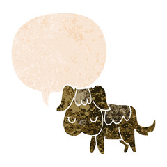 cartoon dog and speech bubble in retro textured style