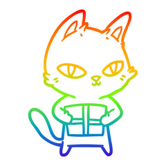 rainbow gradient line drawing cartoon cat holding parcel